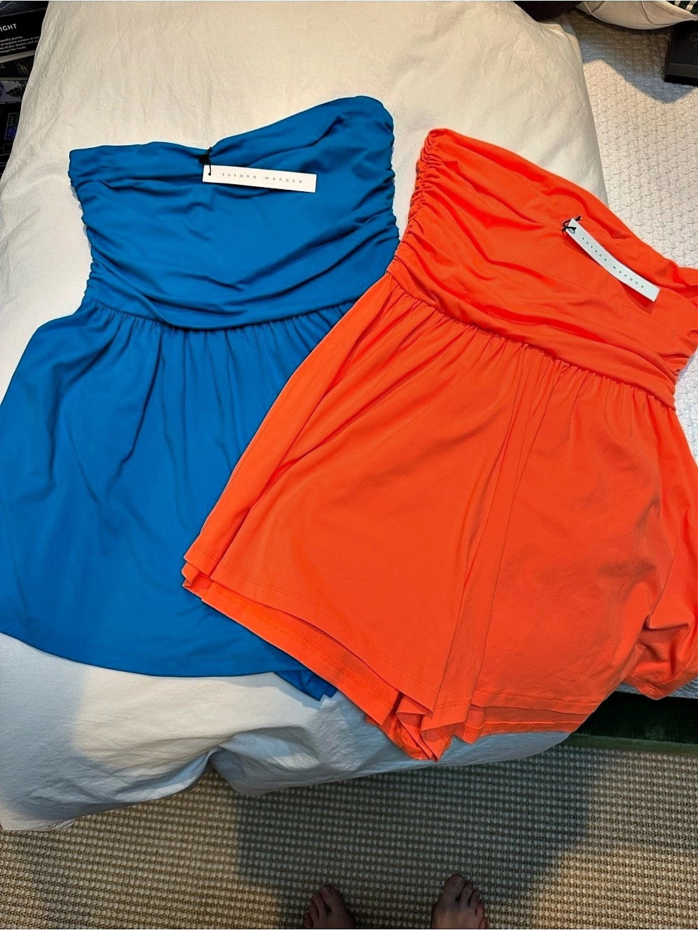 Susana Monaco Tube Gathered Romper Strapless Mini Lot in Blue & Orange